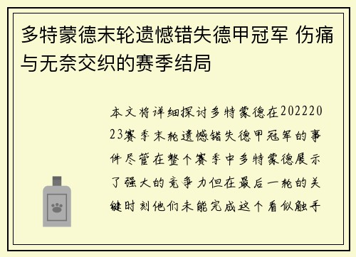多特蒙德末轮遗憾错失德甲冠军 伤痛与无奈交织的赛季结局